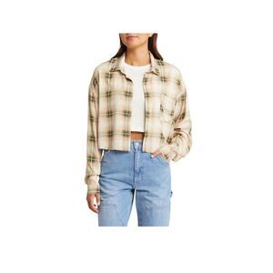 BP Plaid Crop Button-up Shirt Size XS Green Ivory Oversized Plaid‎ Preppy NWT